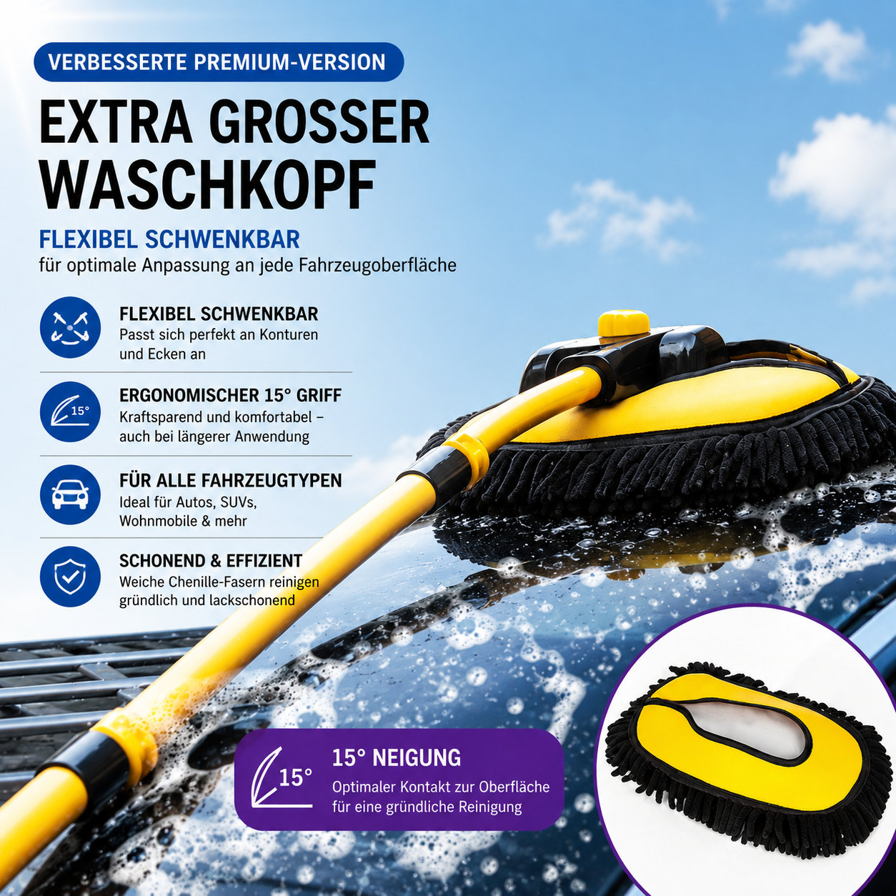 Flexibler Auto-Waschmopp mit Chenille-Borsten